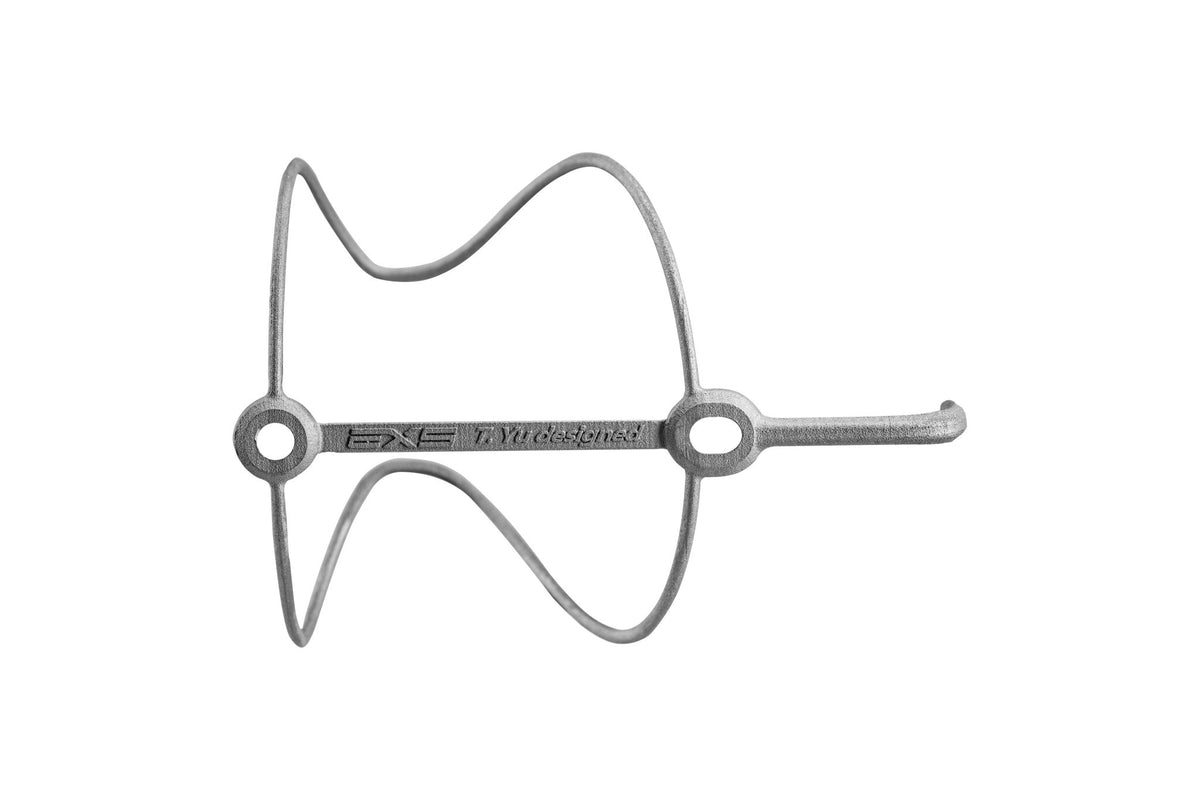 EXS titanium bottle cage laid flat, EXS logo on the spine