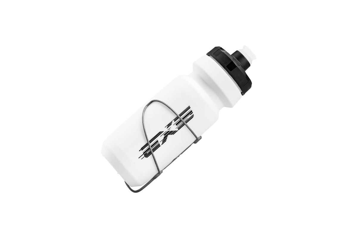 EXS titanium bottle cage holding a white EXS bottle, angled