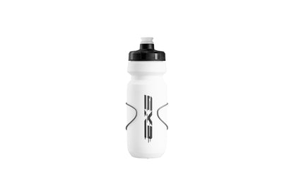 EXS titanium bottle cage holding a white EXS bottle, upright