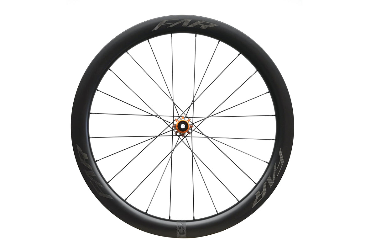 Farsports C5 rear wheel with orange anodised hub and Center Lock disc mount