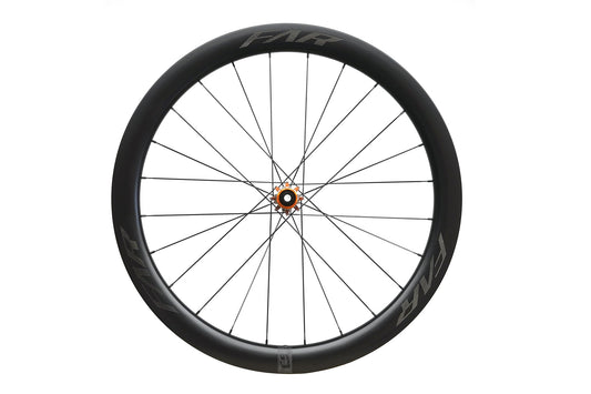 Farsports C5 rear wheel with orange anodised hub and Center Lock disc mount