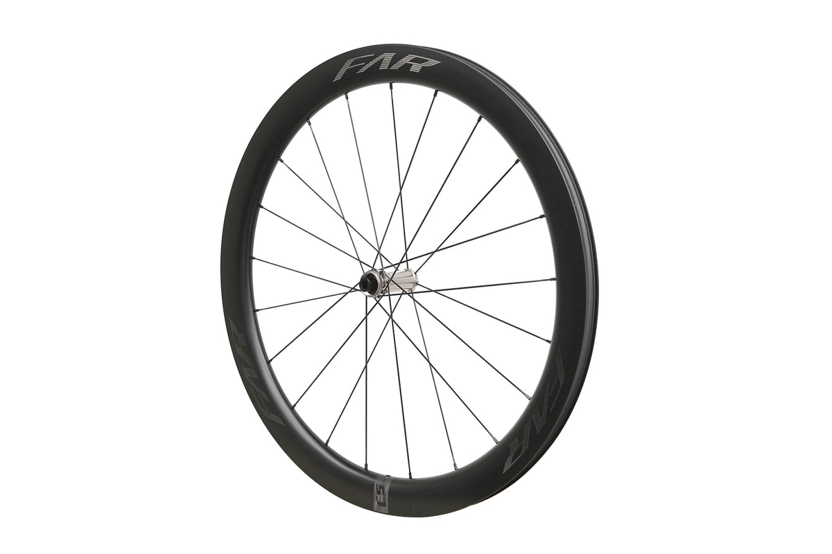 Farsports C5 front wheel at an angle, showing the 50 mm rim profile