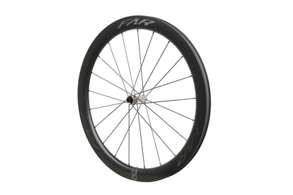 Farsports C5 front wheel at an angle, showing the 50 mm rim profile