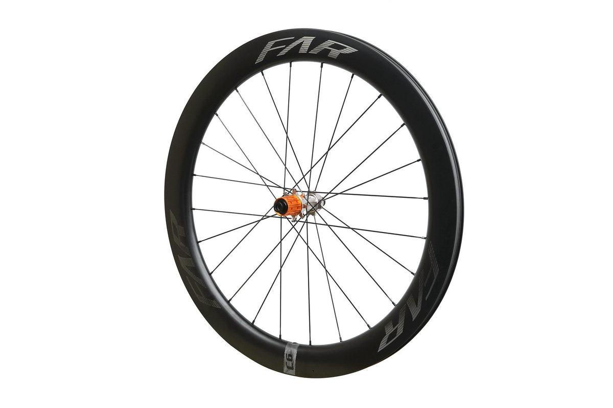 Farsports C6 wheel straight on, 58.5 mm rim laced with Alpina Ultralite steel spokes