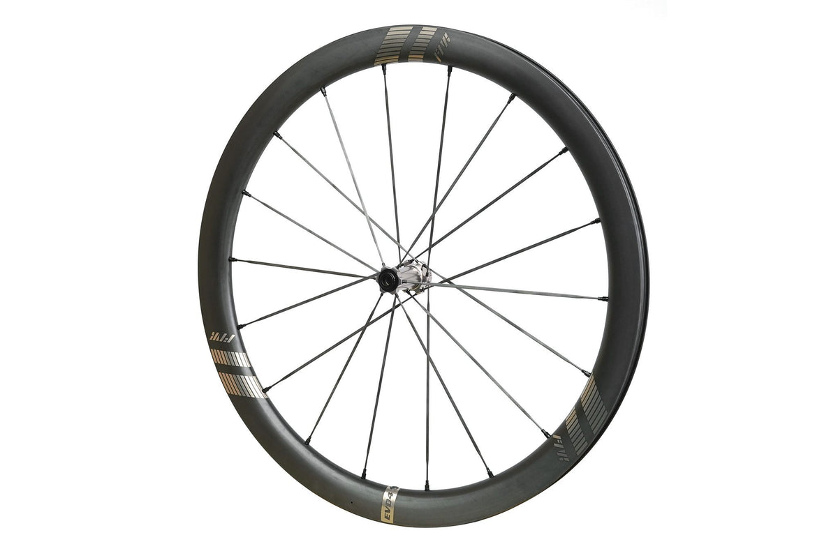 Farsports EVO S4 wheel straight on, 45 mm rim laced with Farsports carbon spokes