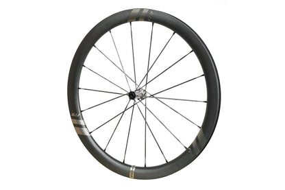 Farsports EVO S4 wheel straight on, 45 mm rim laced with Farsports carbon spokes
