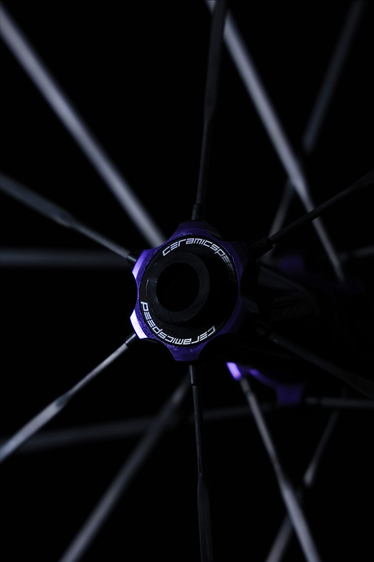 Embout de moyeu violet marqué CeramicSpeed et rayons carbone