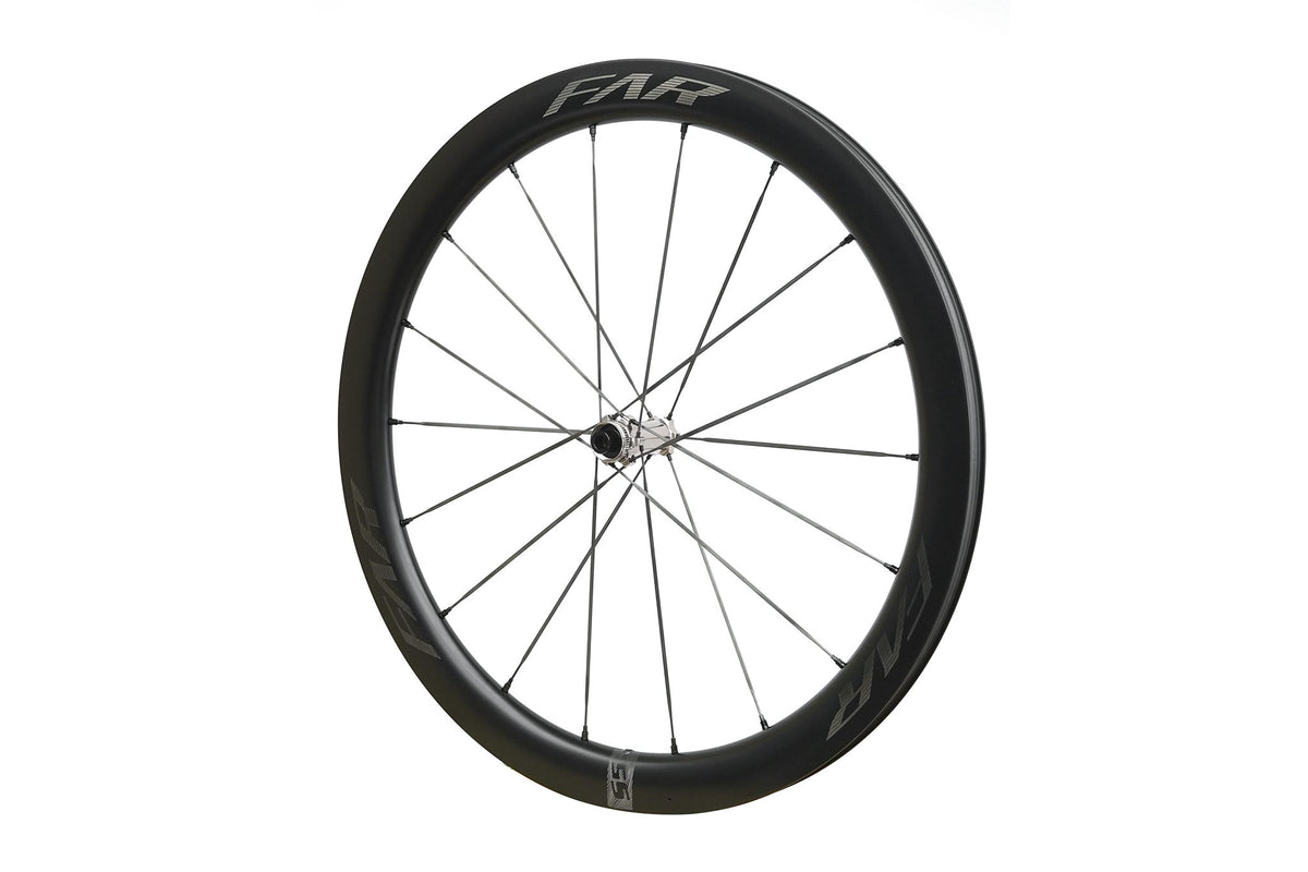 Farsports S5 front wheel at an angle, showing the 50 mm rim profile