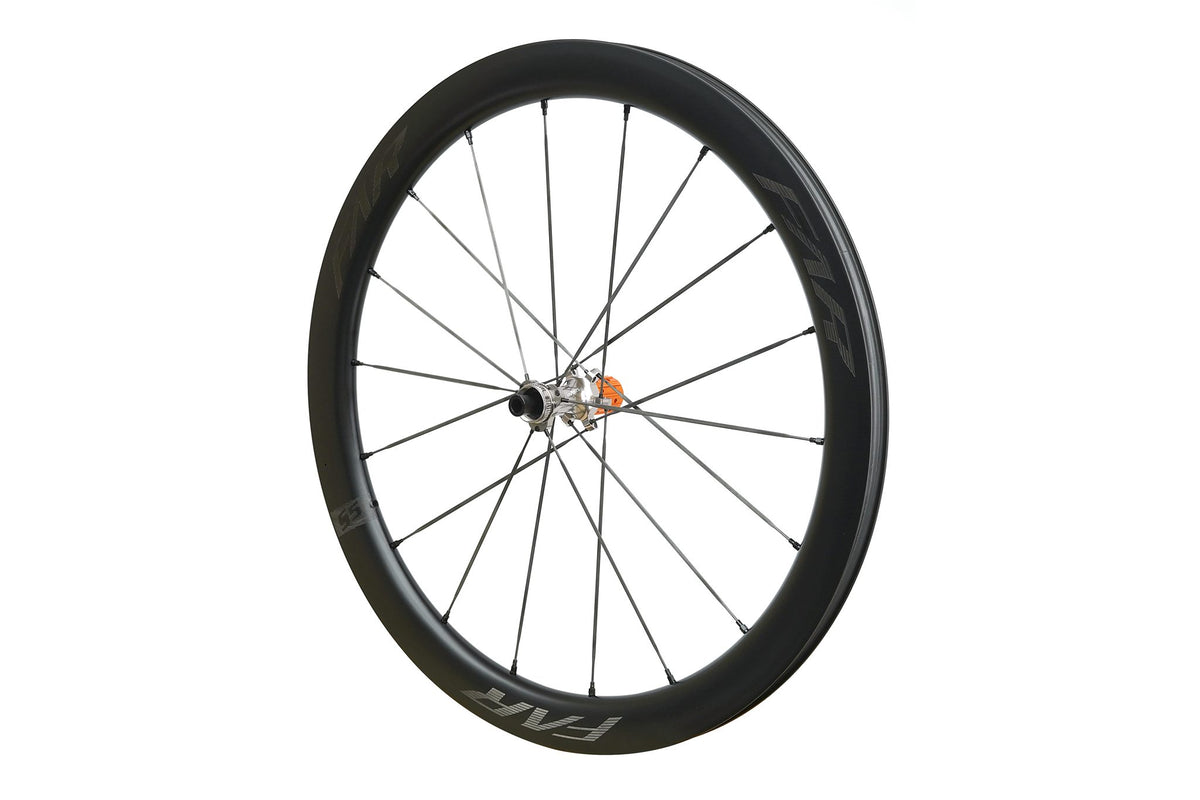 Farsports S5 rear wheel, drive side, with orange ratchet freehub body